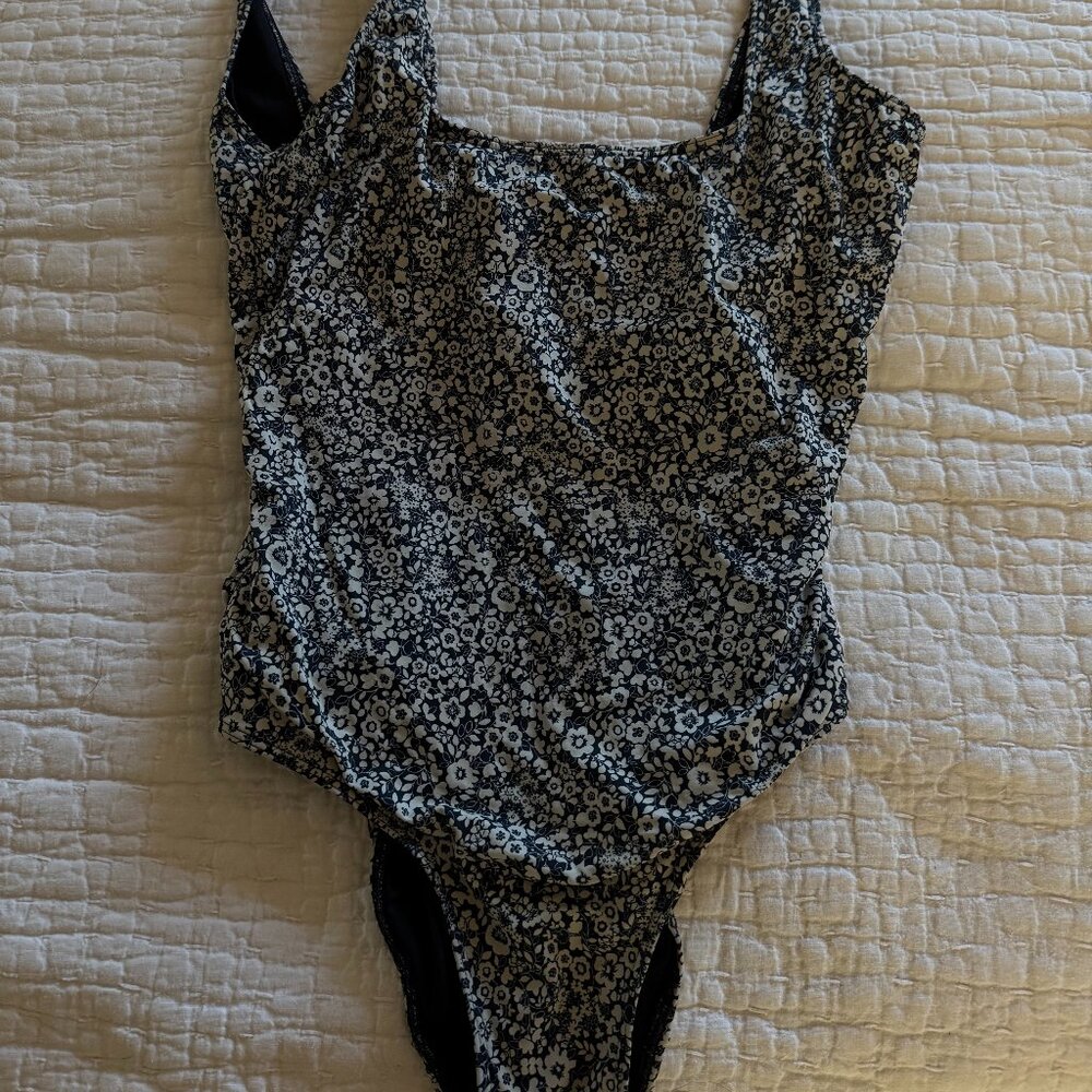 Everlane Square Neck Scoop Back One Piece Black Floral Print Swimsuit Size XS